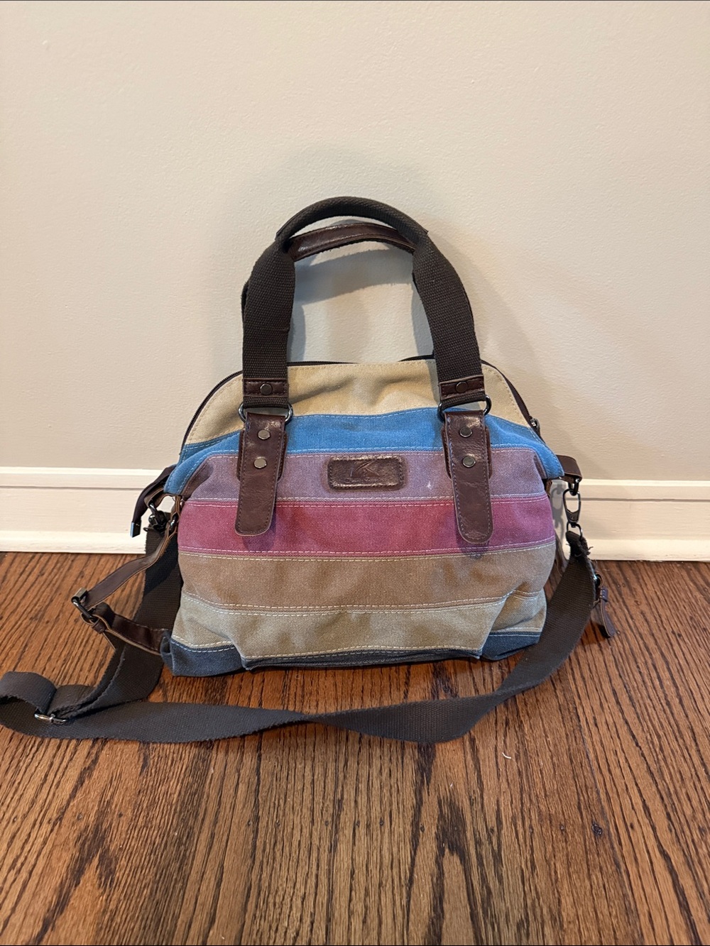 Striped Canvas Satchel Bag - Multicolor
